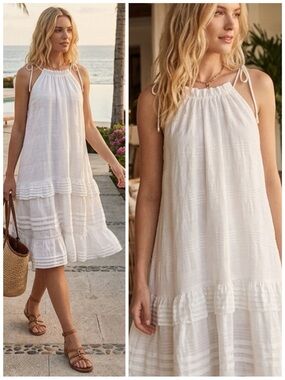 NWT Reiss Dress White Linen Viscose Blend Ruffle Dress US 8 Resort Summer
